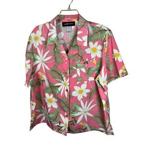 Sag Harbor Pink Tropical Floral Parrot Short Sleeve Button Up Shirt Size Large